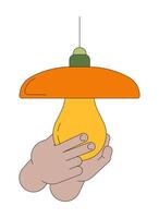 montera ljus Glödlampa i lampa linjär tecknad serie karaktär händer illustration. energi effektiv ljus fixtur översikt 2d vektor bild, vit bakgrund. ersättning glödlampa redigerbar platt Färg ClipArt