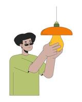 energi effektiv glödlampa montera linje tecknad serie platt illustration. latino kille 2d linjekonst karaktär isolerat på vit bakgrund. minska elektricitet användande. sparande energi scen vektor Färg bild