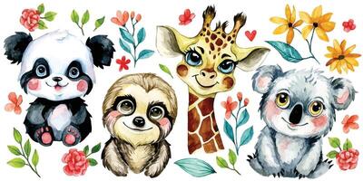 Aquarell Zeichnung. einstellen von süß tropisch Baby Tiere. Koala, Faultier Panda und Giraffe. Blumen und Blätter vektor