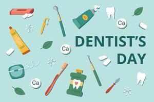 tandläkarens dag bakgrund. uppsättning av oral vård element. oral och dental vård begrepp. dental vård objekt. vektor