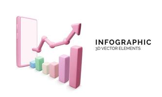 verwalten Geld verwenden Handy, Mobiltelefon Telefon oder Anwendung. 3d Telefon und Graph mit Pfeil hoch. finanziell Investition handeln. Bank Anzahlung und Finanzen profitieren oder Investition. 3d Vektor Illustration