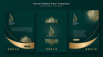 uppsättning av porträtt social media posta mall med enkel mandala prydnad design i guld grön bakgrund. grön guld islamic porträtt bakgrund. arabicum text betyda är ramadan kareem vektor