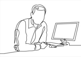 affärsman arbetssätt med dator, företag karaktär arbetssätt i kontor- kontinuerlig linje teckning vektor