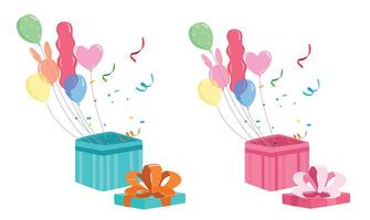 Geschenk Box mit Luftballons und Konfetti. eben Vektor im Karikatur Stil isoliert auf Weiß Hintergrund. Geburtstag Geschenk, Glückwunsch Konzept. Geburtstag Element. Party und Feier Vektor.