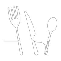 vektor sked, gaffel, kniv kontinuerlig ett linje teckning på vit bakgrund stock illustration