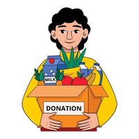 man innehar en låda med saker för donation. hjälp. mat. frukter, grönsaker, spannmål, örter, mjölk, vatten. vektor grafisk.