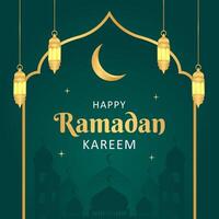 islamisch Ramadan Feier Vorlage Poster Design mit Gold Rahmen und Laterne Illustration. Ramadan Grün Platz Hintergrund, islamisch Post vektor