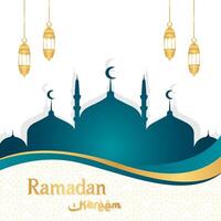 islamic hälsningar ramadan kareem bakgrund design med moské och lyktor. ramadan mall affisch och kort vektor