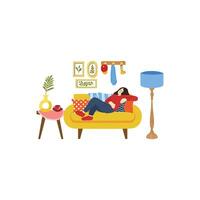 Illustration von ein Frau versucht und entspannend im Leben Zimmer vektor