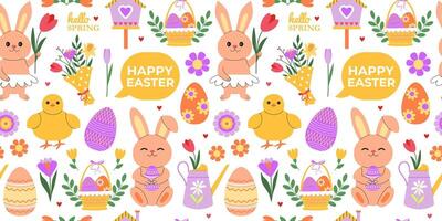 Ostern Hasen, Küken und Eier nahtlos Muster. glücklich Ostern Beschriftung im Rede Blase. Ostern Frühling Feiertage. Eier Jagd. Blumen- Hintergrund, Digital und Verpackung Papier. vektor