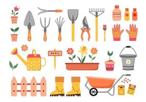 färgrik trädgårdsarbete ikoner och doodles. vår jordbruk Arbetar. trädgård verktyg, vattning burk, hink, skottkärra, frön, växter, gödselmedel, stövlar, handskar. hand ritade. vektor ritningar isolerat på vit.