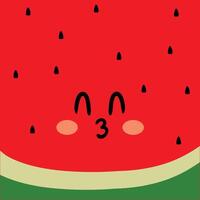 söt illustration av tecknad serie röd vattenmelon med söt handstil. söt djur- tapeter, bakgrunder och kort vektor