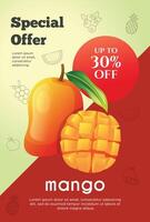 Flyer Besondere Angebot zum Mango Obst Produkt. Obst Beförderung Flyer vektor