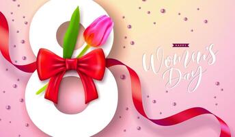 glücklich Damen Tag Blumen- Illustration. 8 März International Damen Tag Vektor Design mit Frühling Tulpe Blume und rot Band auf Licht Rosa Hintergrund. Frauen oder Mutter Tag Thema Vorlage zum Flyer