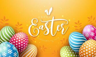 Vektor Illustration von glücklich Ostern Urlaub mit bunt gemalt Ei und Typografie Brief auf Gelb Hintergrund. Ostern Tag Feier Design zum Flyer, Gruß Karte, Banner, Urlaub Poster oder