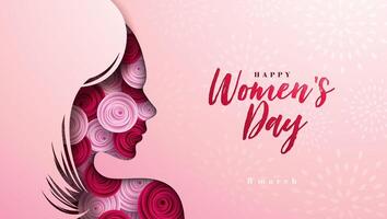 glücklich Damen Tag Blumen- Illustration. 8 März International Damen Tag Vektor Design mit Rose Blume und jung Frau Gesicht Silhouette auf Rosa Hintergrund. Frauen oder Mutter Tag Thema Vorlage zum Flyer