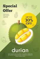 Flyer Besondere Angebot zum Durian Obst Produkt. Obst Beförderung Flyer vektor