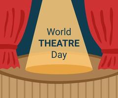 Welt Theater Tag Hintergrund. ein Theater Bühne mit rot Vorhänge und ein Strahl von Licht auf Es. vektor