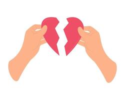 två händer innehav bruten röd hjärta illustration betecknande sorg eller förlust, isolerat, vit bakgrund. vektor