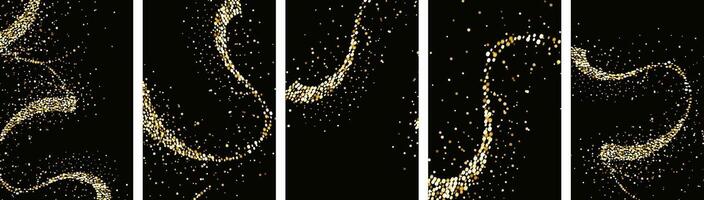 Sammlung von glänzend Sterne mit golden schimmernd wirbelt, glänzend funkeln Design. magisch Bewegung, funkelnd Linien auf ein schwarz Hintergrund. vektor