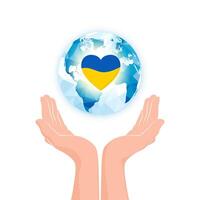 par av händer med planet och hjärta form i nationell ukraina färger. symbol av barmhärtighet Stöd och donation. vektor illustration