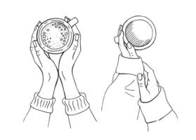 hand dragen skiss av händer innehav en kopp av kaffe, te etc. vektor illustration isolerat på vit bakgrund.