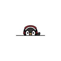 süß Pinguin mit Kopfhörer spähen und winken Flügel Karikatur, Vektor Illustration
