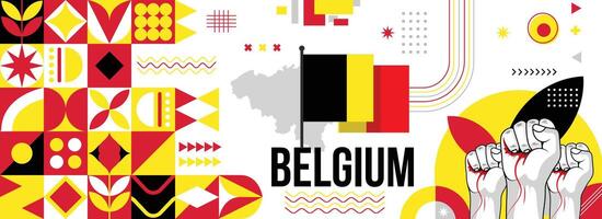 belgien nationell eller oberoende dag baner för Land firande. flagga och Karta av belgien med Uppfostrad nävar. modern retro design med typorgaphy abstrakt geometrisk ikoner. vektor illustration