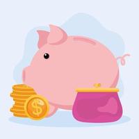 piggy besparingar med mynt och handväska ikoner vektor
