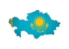 Vektor isoliert Illustration mit Kasachstan Flagge mit Gold Sonne, Steppe Adler und National Zier Muster auf kazakh Karte vereinfacht. Volumen Schatten auf das Karte. Weiß Hintergrund
