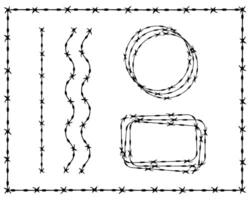 verdrehte mit Widerhaken Draht Silhouetten einstellen im gerundet und Platz Formen. Vektor Illustration von Stahl schwarz Draht Widerhaken Zaun Rahmen.