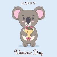 Lycklig kvinnors dag hälsning kort med söt koala Björn innehav bukett av blommor vektor