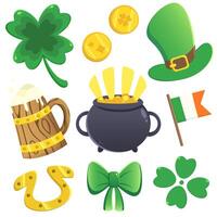 Färg vektor uppsättning med st. Patricks dag ikoner, med klöver, guld mynt, hatt, hästsko, kastare hatt, öl, flagga och rosett