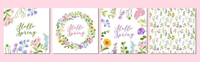 uppsättning av vår hälsning kort med blommor, krans, ram, sömlös mönster, Hej vår illustration för vykort, affisch, baner vektor