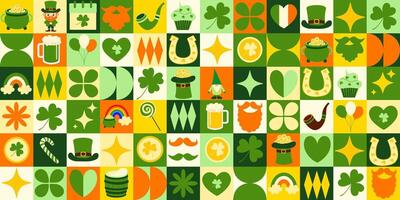 st. Patricks dag ikon element med geometrisk mönster. bauhaus stil. vektor platt design för affisch, kort, tapet, affisch, baner, förpackning. vitklöver, pyssling, klöver, Mars 17:e, hatt, tomte.