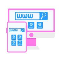 Webseite im Monitor, Webseite im Handy, Mobiltelefon Telefon mit Person Illustration vektor