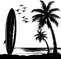 ai genererad silhuett surfing styrelse på de strand svart Färg endast vektor