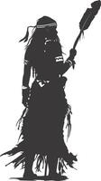 ai generiert Silhouette einheimisch amerikanisch Frau halten Stein Waffe schwarz Farbe nur voll Körper vektor