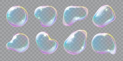 tvål bubblor, uppsättning av illustrationer av realistisk transparent tvål bubblor på transparent skära ut bakgrund vektor