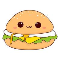 zeichnen kawaii komisch Burger mit Vektor Illustration schnell Essen Speisekarte Konzept. Gekritzel Karikatur Stil.