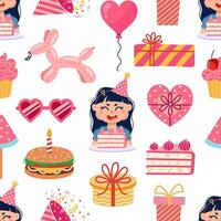 glücklich Geburtstag nahtlos Vektor Muster. festlich Elemente - - süß Mädchen mit ein Kuchen, Luftballons, Feuerwerkskörper, Party Hut, Geschenke, komisch Brille. Überraschung zum ein Kind, Kind. Geburt Feier, Rosa Hintergrund