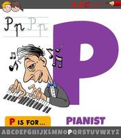 Brief p von Alphabet mit Karikatur Pianist Charakter vektor