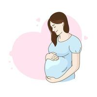 schwanger Frau, Mädchen auf ein herzförmig Hintergrund. Karikatur, Comic Vektor Zeichnung, Illustration