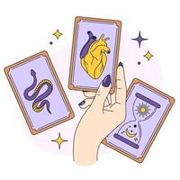 kvinna hand innehav tarot kort. esoterisk, magi, trolldom, astrologi illustration. förmögenhet talande, mystiker teckning vektor