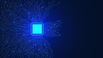 Mikrochip mit elektronisch Schaltkreis Tafel auf dunkel Blau Hintergrund. zentral Computer Prozessoren Zentralprozessor und Hauptplatine Digital Chip Design Konzept. Vektor Illustration.