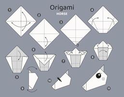 Pferd Origami planen Lernprogramm ziehen um Modell. Origami zum Kinder. Schritt durch Schritt Wie zu machen ein süß Origami Tier. Vektor Illustration.