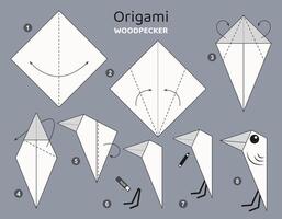 Specht Origami planen Lernprogramm ziehen um Modell. Origami zum Kinder. Schritt durch Schritt Wie zu machen ein süß Origami Vogel. Vektor Illustration.