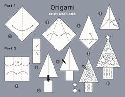 jul träd origami schema handledning rör på sig modell. origami för ungar. steg förbi steg på vilket sätt till göra en söt origami gran. vektor illustration.