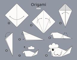 Henne Origami planen Lernprogramm ziehen um Modell. Origami zum Kinder. Schritt durch Schritt Wie zu machen ein süß Origami Vogel. Vektor Illustration.