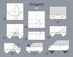 Auto Origami planen Lernprogramm ziehen um Modell. Origami zum Kinder. Schritt durch Schritt Wie zu machen ein süß Origami Transport. Vektor Illustration.